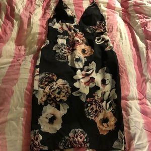 T. Lulah Black and pink floral satin dress with spaghetti straps